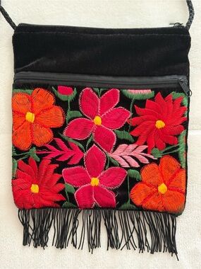 Embroidered Black Velvet Crossbody Bag with Red & Orange Floral Design